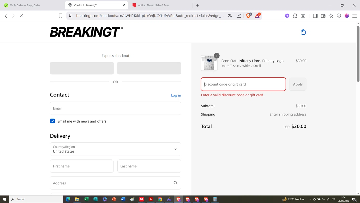 BreakingT discount code screenshot showing code COLLEGE applied at BreakingT checkout page. Uploaded by SimplyCodes community member Rapunzel on Aug 28, 2025