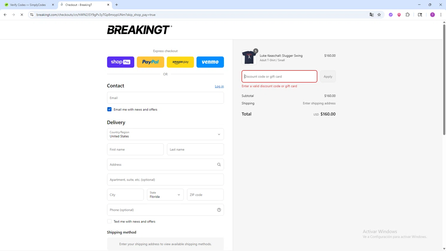 BreakingT discount code screenshot showing code COLLEGE applied at BreakingT checkout page. Uploaded by SimplyCodes community member ShrewdSleuth9497 on Aug 28, 2025