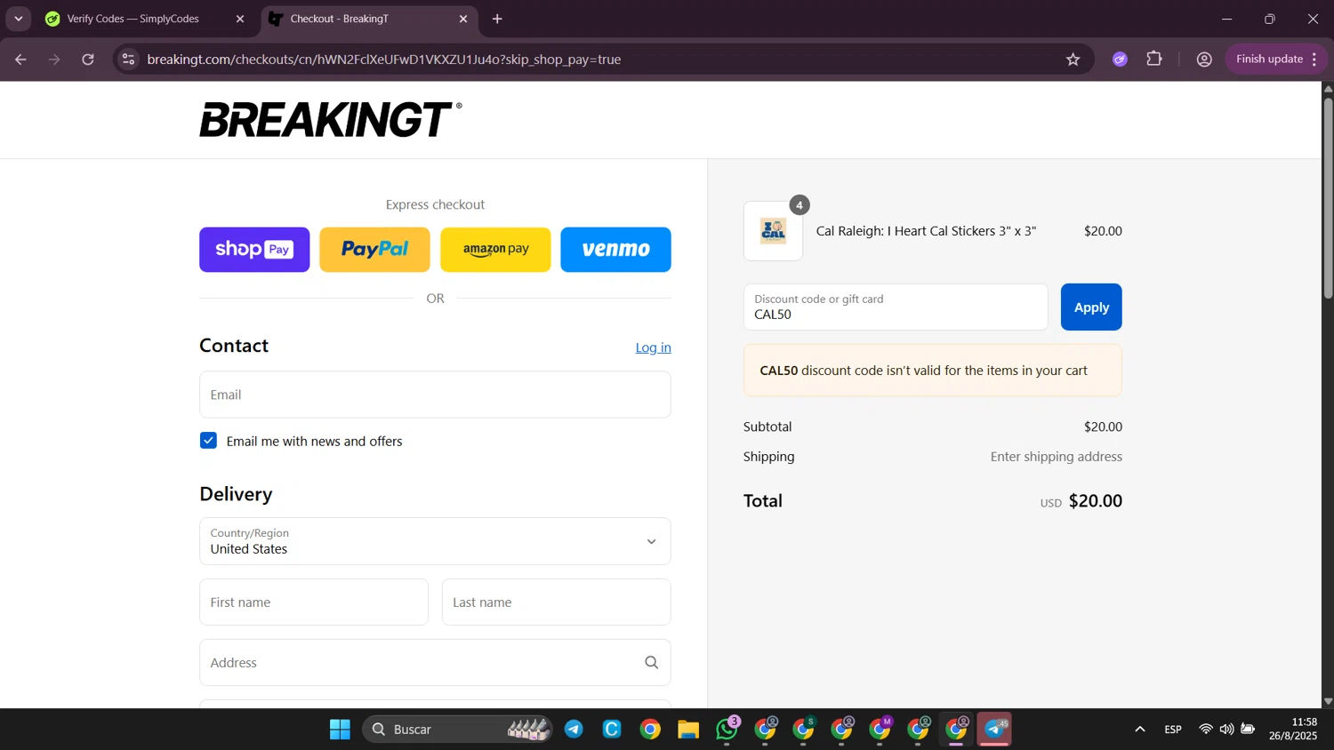 BreakingT discount code screenshot showing code CAL50 applied at BreakingT checkout page. Uploaded by SimplyCodes community member SilverWhiz4145 on Aug 26, 2025