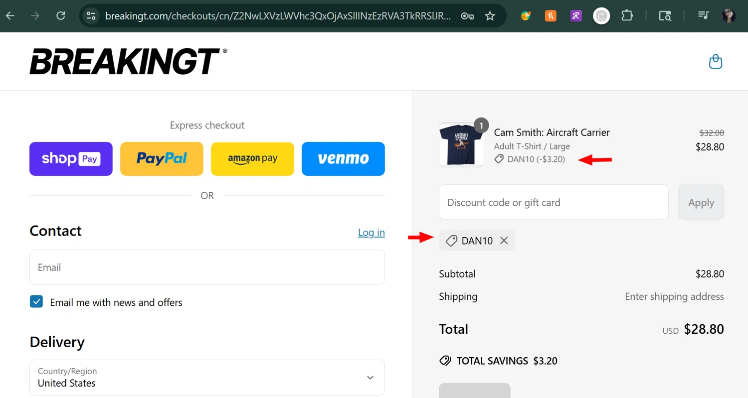 BreakingT discount code screenshot showing code DAN10 applied at BreakingT checkout page. Uploaded by SimplyCodes community member MarUmi on Jun 24, 2025
