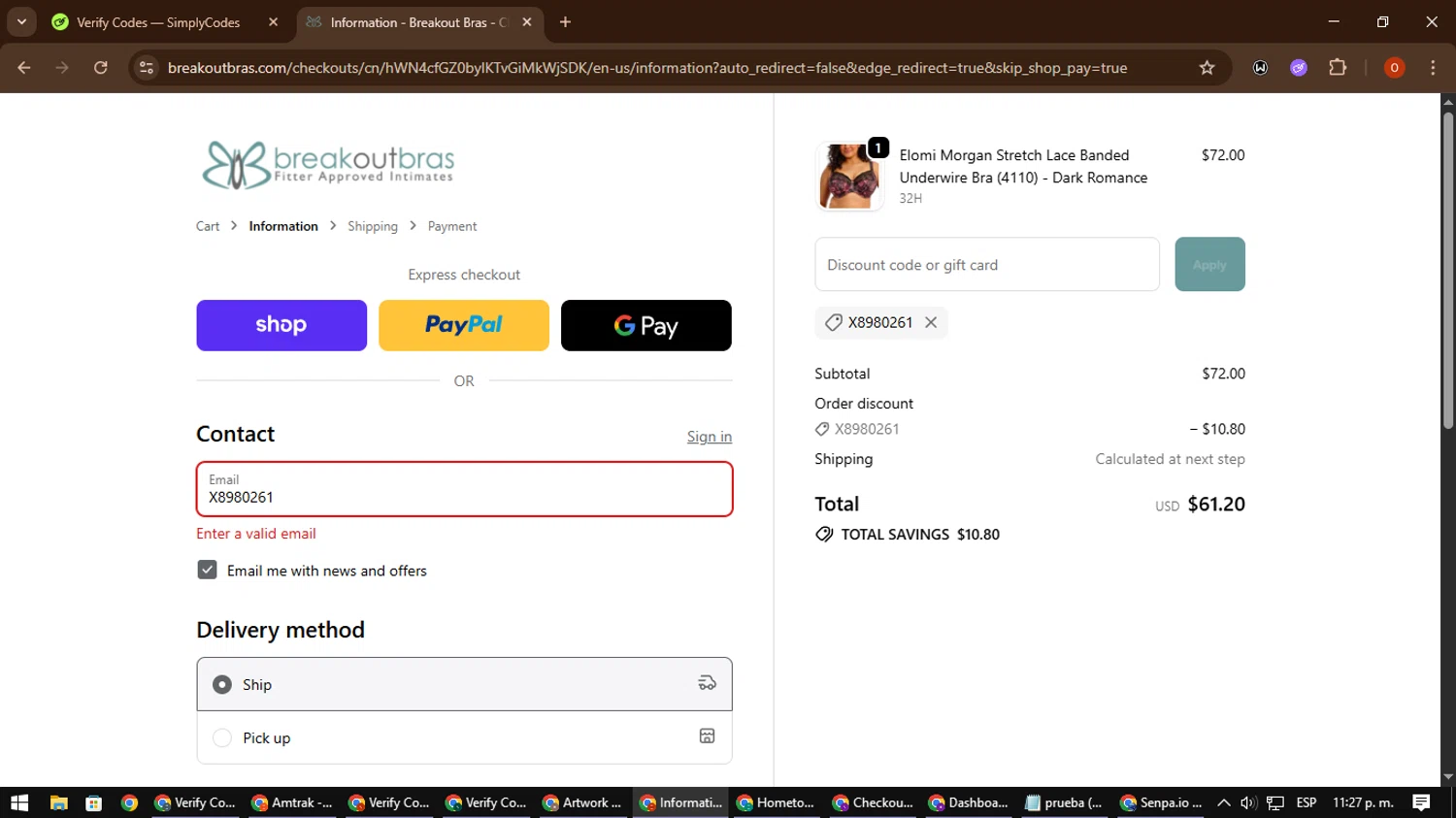 Breakout Bras coupon code screenshot showing code X8980261 applied at Breakout Bras checkout page. Uploaded by SimplyCodes community member CleverSpotter3730 on Oct 28, 2025