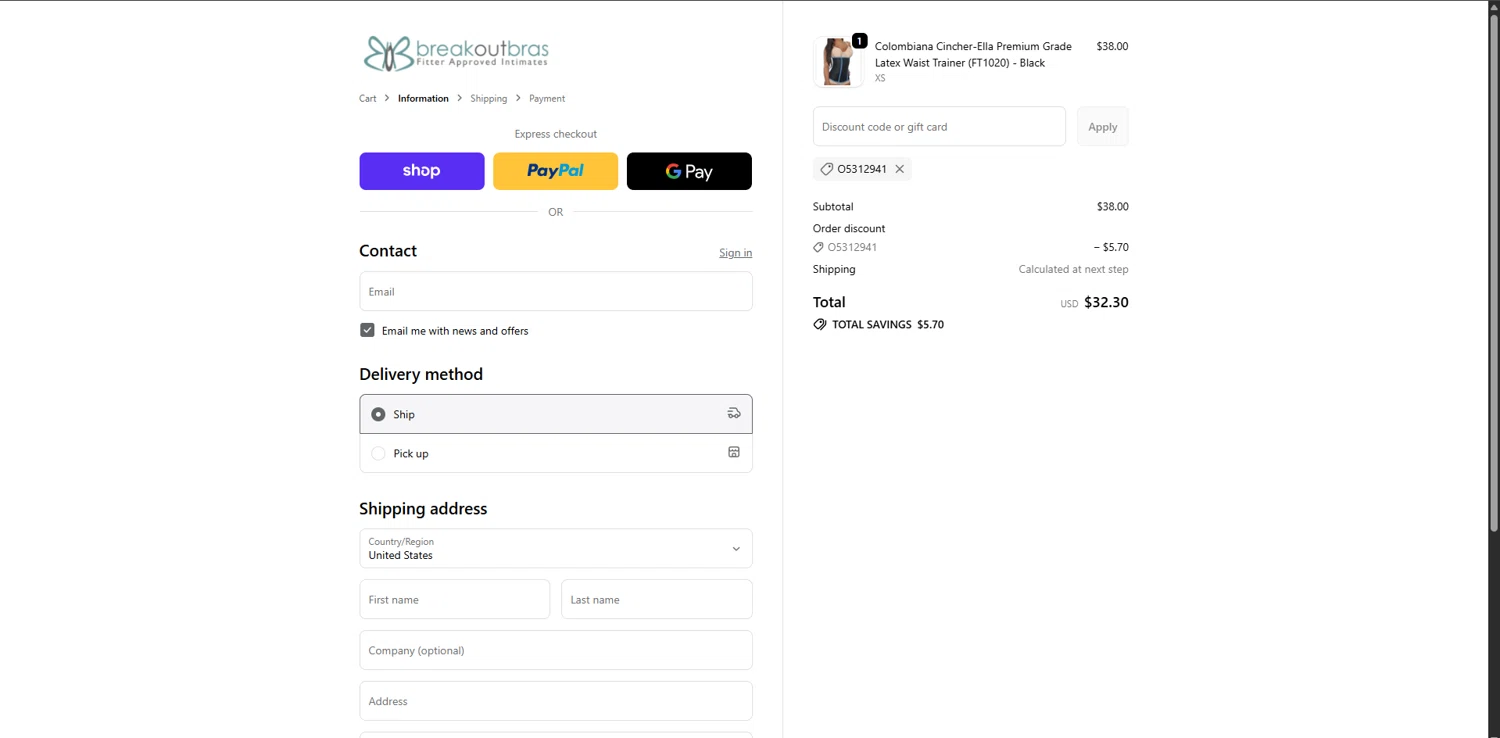 Breakout Bras coupon code screenshot showing code O5312941 applied at Breakout Bras checkout page. Uploaded by SimplyCodes community member FrugalTitan8640 on Dec 29, 2025