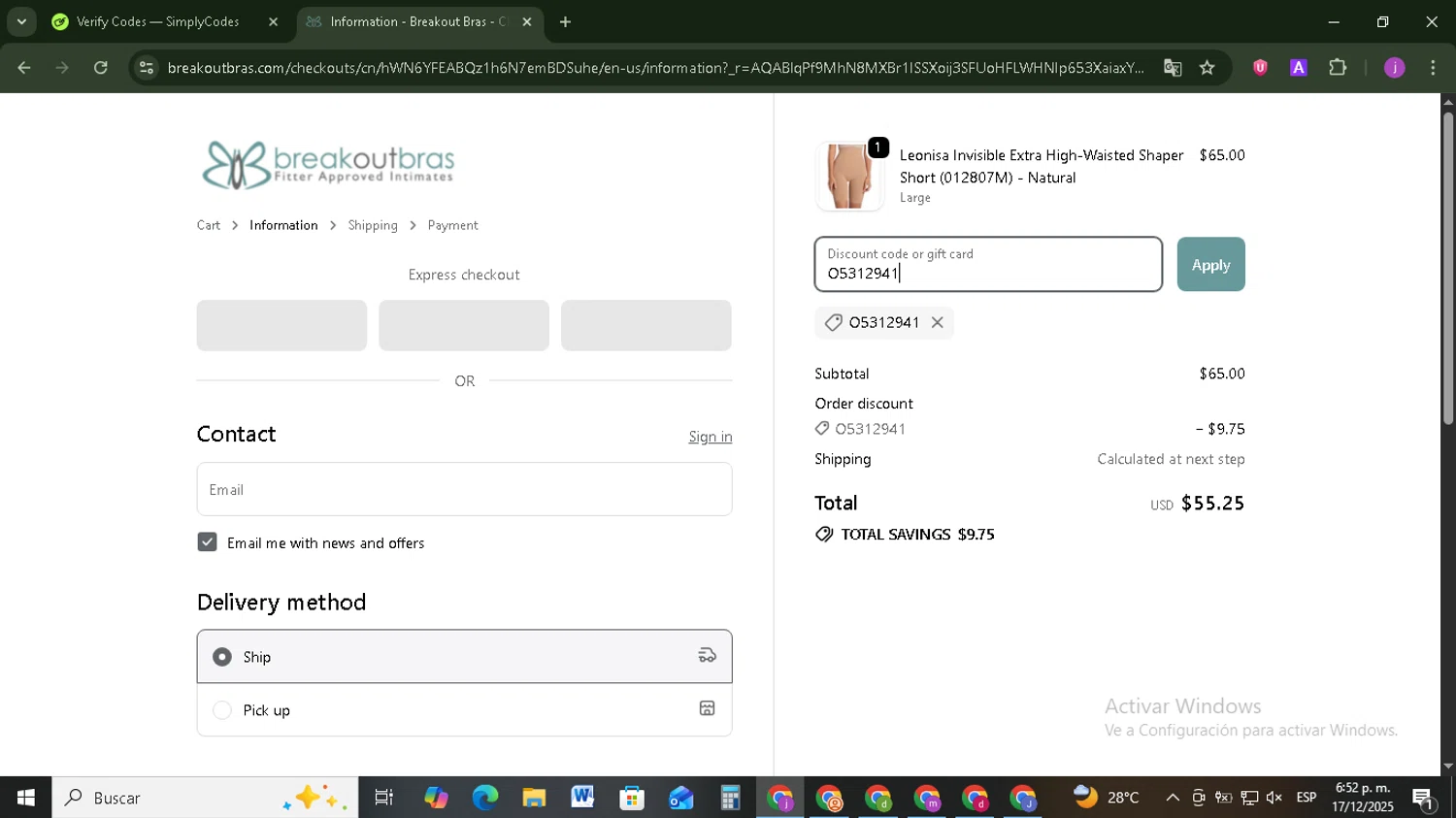 Breakout Bras coupon code screenshot showing code O5312941 applied at Breakout Bras checkout page. Uploaded by SimplyCodes community member Tazbravo on Dec 17, 2025