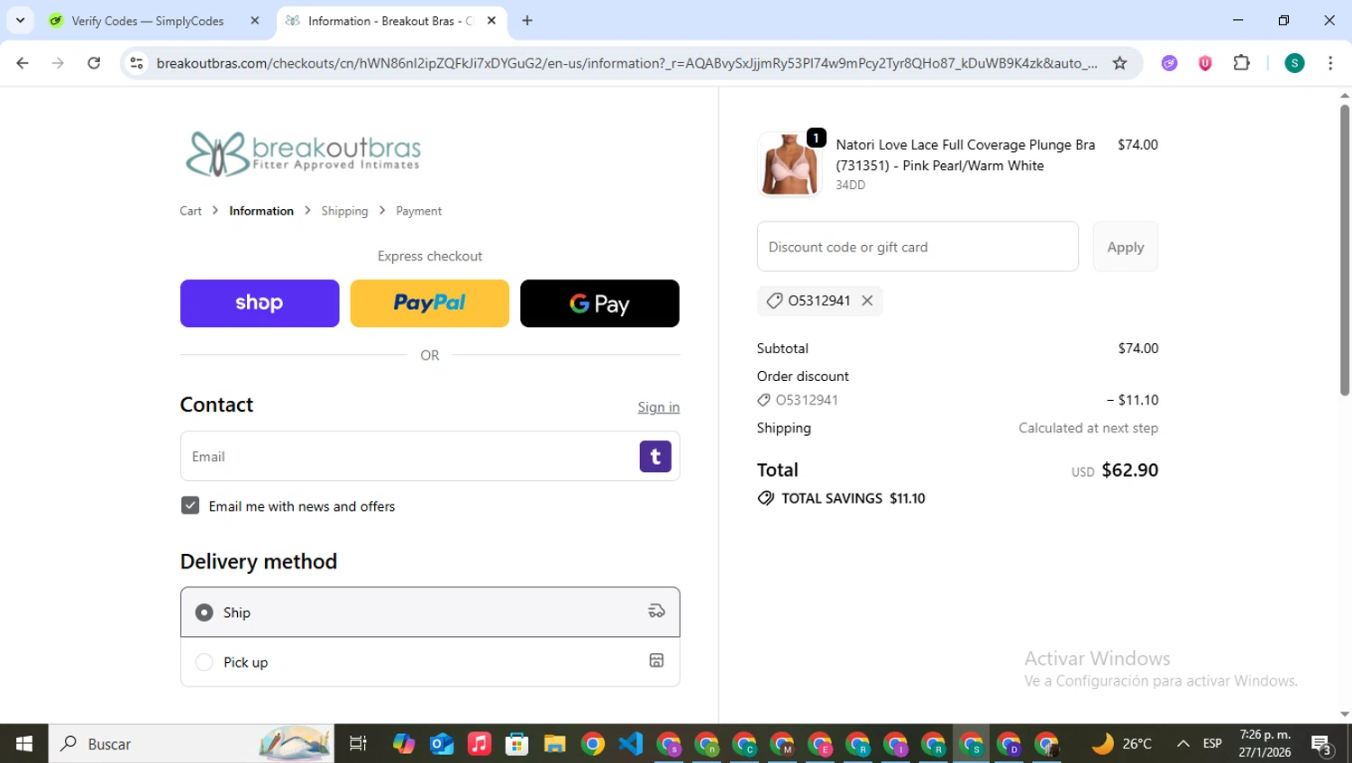 Breakout Bras coupon code screenshot showing code O5312941 applied at Breakout Bras checkout page. Uploaded by SimplyCodes community member VictoriousPilot5281 on Jan 27, 2026