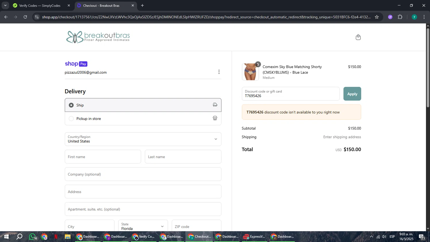 Breakout Bras coupon code screenshot showing code T7695426 applied at Breakout Bras checkout page. Uploaded by SimplyCodes community member FrugalCaptain6906 on May 16, 2025