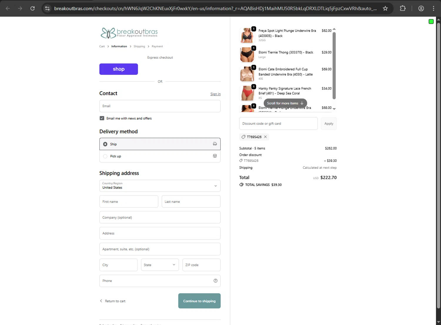 Breakout Bras coupon code screenshot showing code T7695426 applied at Breakout Bras checkout page. Uploaded by SimplyCodes community member gokuyvegetta on Dec 11, 2025