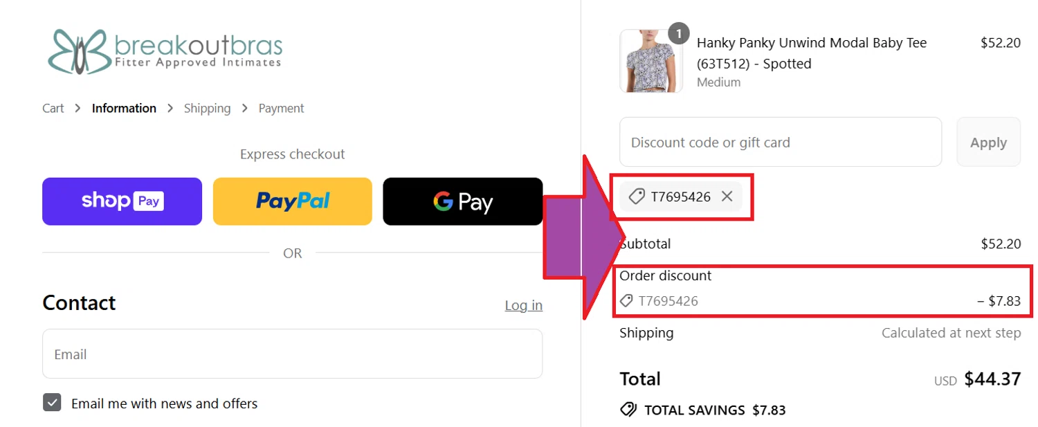 Breakout Bras coupon code screenshot showing code T7695426 applied at Breakout Bras checkout page. Uploaded by SimplyCodes community member kattylar on Jul 10, 2025