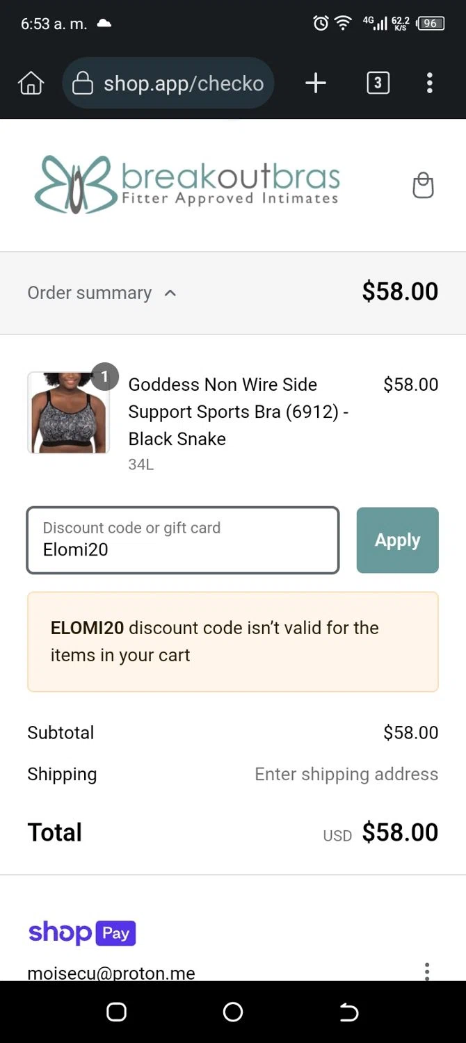 Breakout Bras coupon code screenshot showing code Elomi20 applied at Breakout Bras checkout page. Uploaded by SimplyCodes community member Mangoverde on Mar 1, 2025