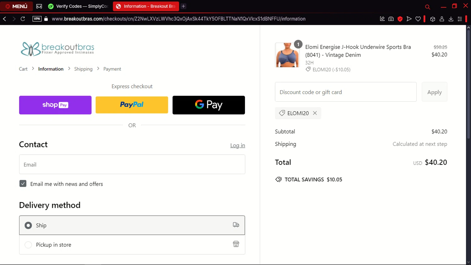 Breakout Bras coupon code screenshot showing code Elomi20 applied at Breakout Bras checkout page. Uploaded by SimplyCodes community member jdecxxx on Mar 1, 2025
