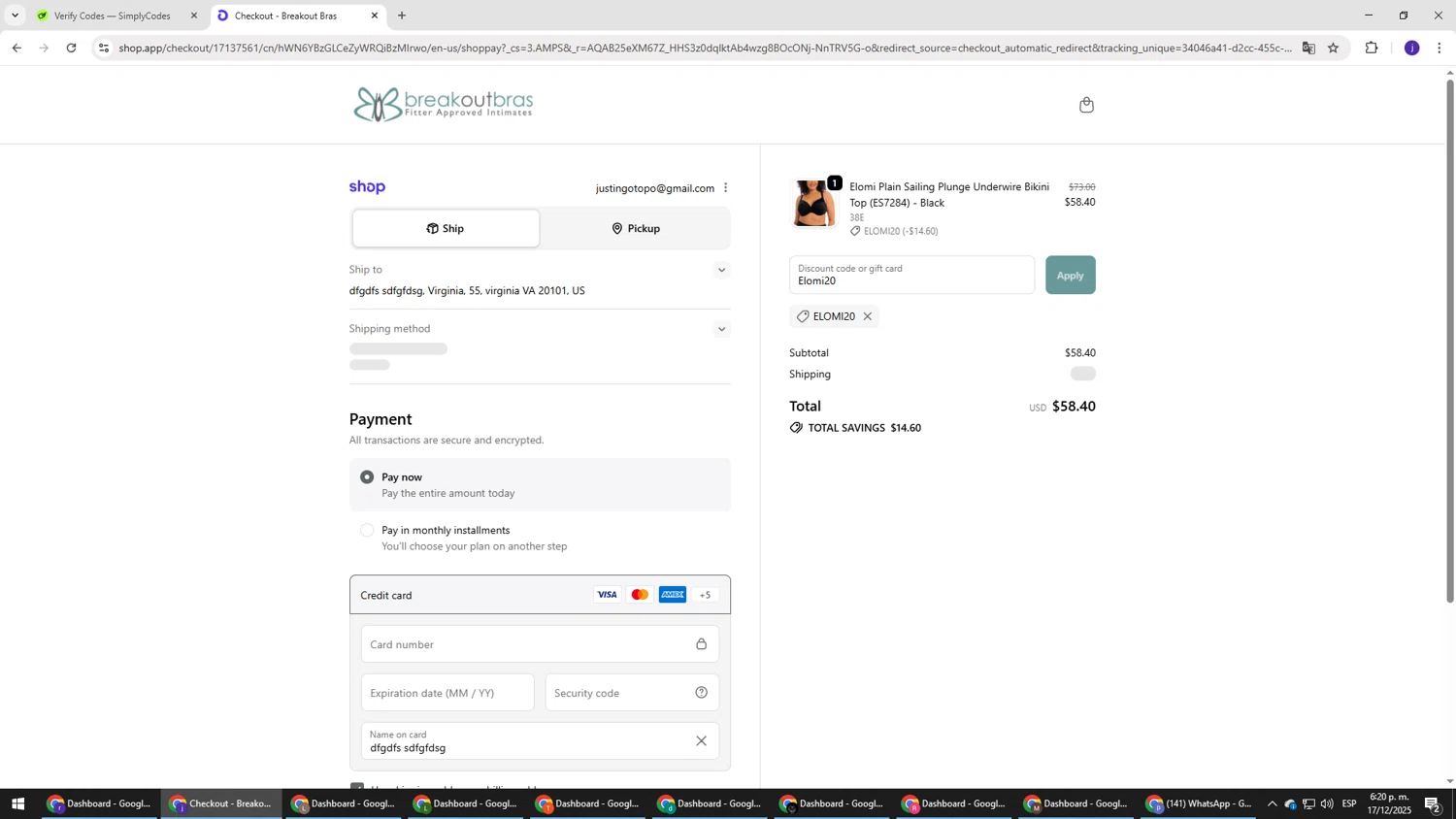 Breakout Bras coupon code screenshot showing code Elomi20 applied at Breakout Bras checkout page. Uploaded by SimplyCodes community member simplycodesssss on Dec 17, 2025