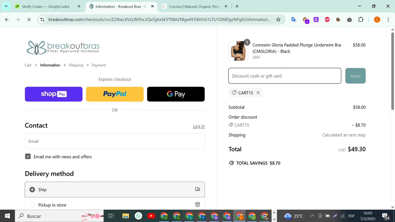Breakout Bras coupon code screenshot showing code CART15 applied at Breakout Bras checkout page. Uploaded by SimplyCodes community member RebateLegend8934 on Mar 7, 2025