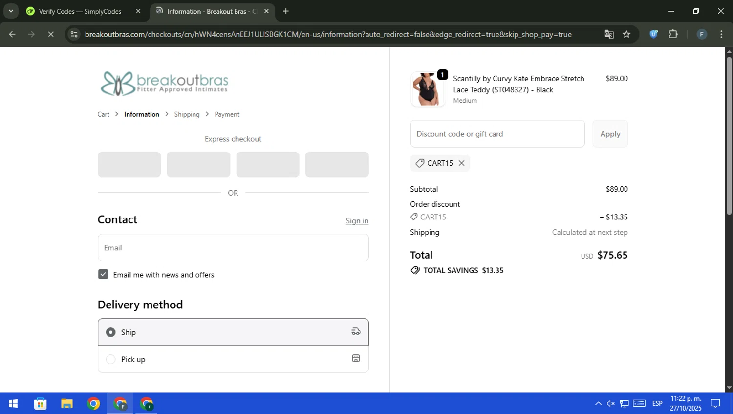 Breakout Bras coupon code screenshot showing code CART15 applied at Breakout Bras checkout page. Uploaded by SimplyCodes community member pajarito on Oct 28, 2025