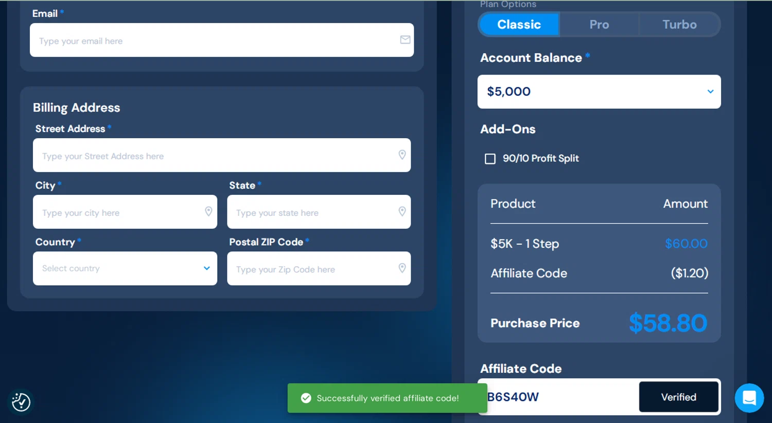 Breakout Trading promo code screenshot showing code B6S40W applied at Breakout Trading checkout page. Uploaded by SimplyCodes community member Yuskeilyn20 on Jan 8, 2026