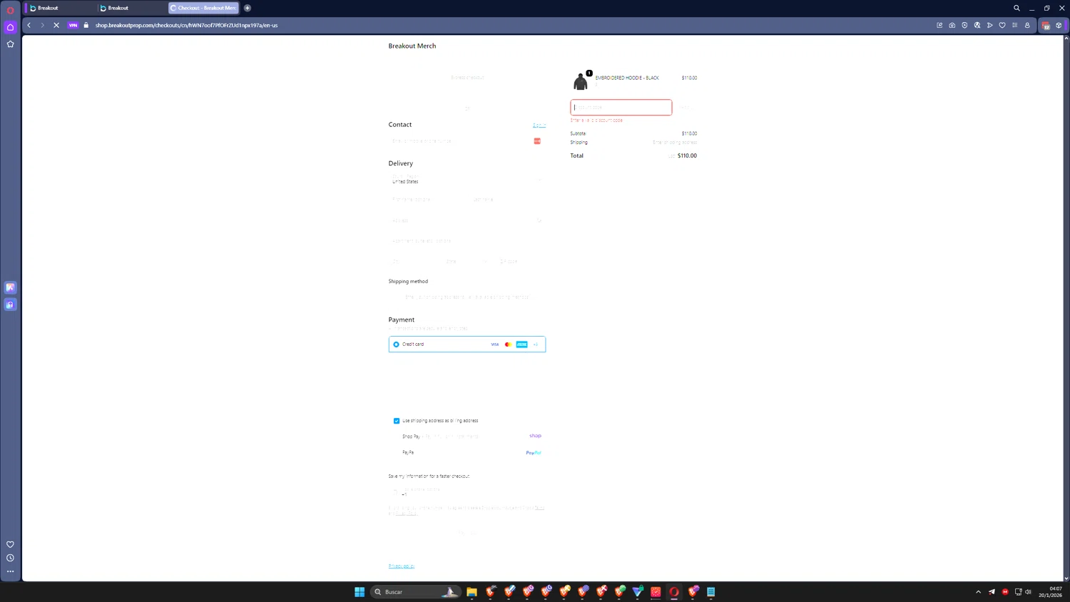 Breakout Trading promo code screenshot showing code G2KB5D applied at Breakout Trading checkout page. Uploaded by SimplyCodes community member SwiftLogic2048 on Jan 20, 2026