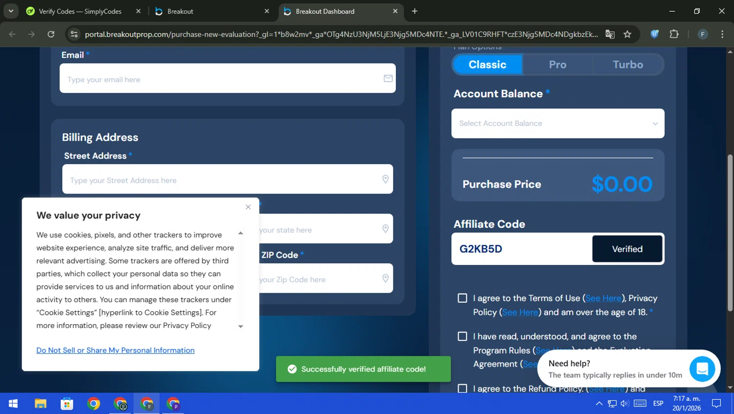 Breakout Trading checkout page showing Breakout Trading promo code box | Screenshot taken by SimplyCodes community member on Jan 20, 2026