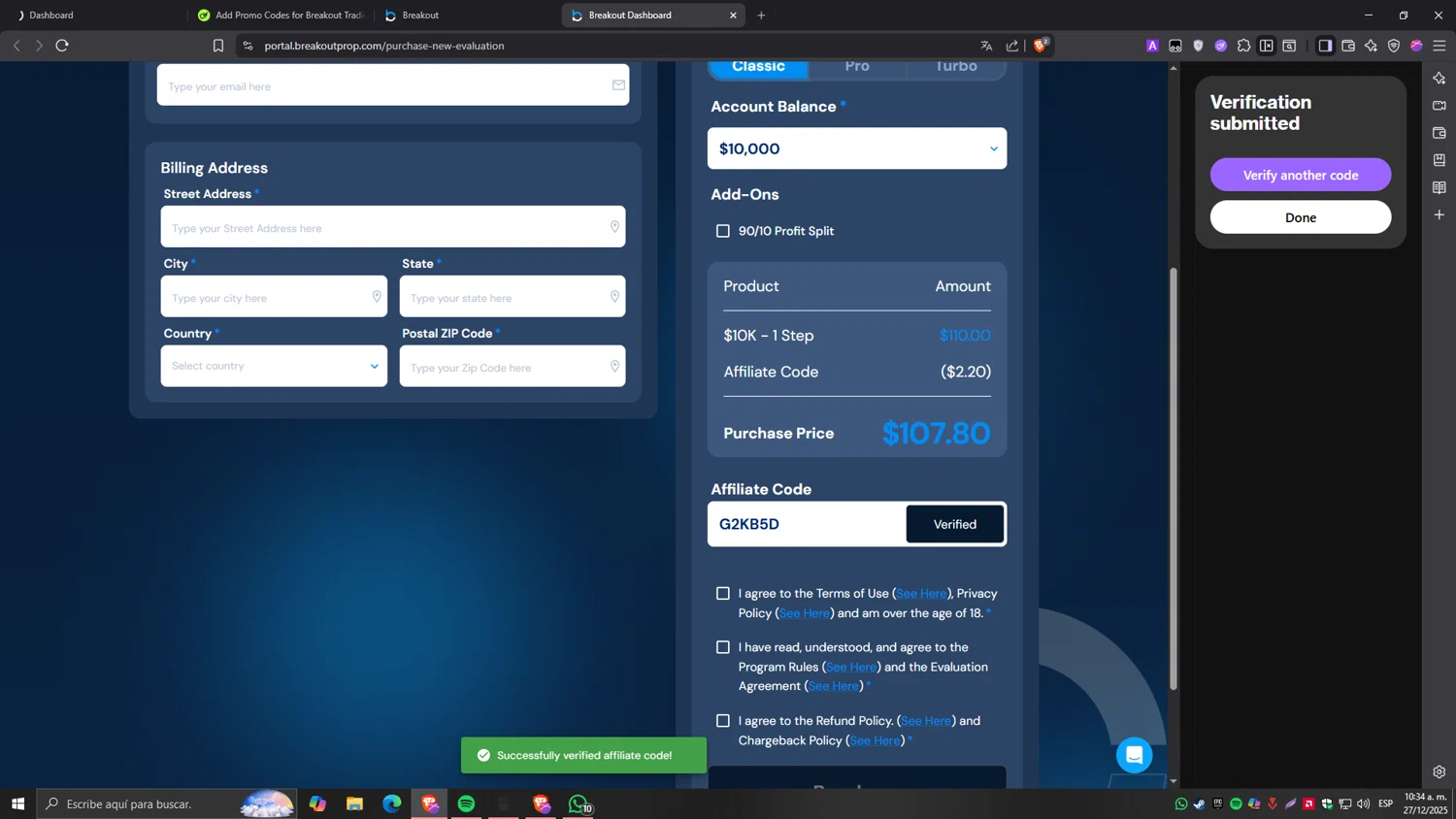 Breakout Trading promo code screenshot showing code G2KB5D applied at Breakout Trading checkout page. Uploaded by SimplyCodes community member Tragedy on Dec 27, 2025
