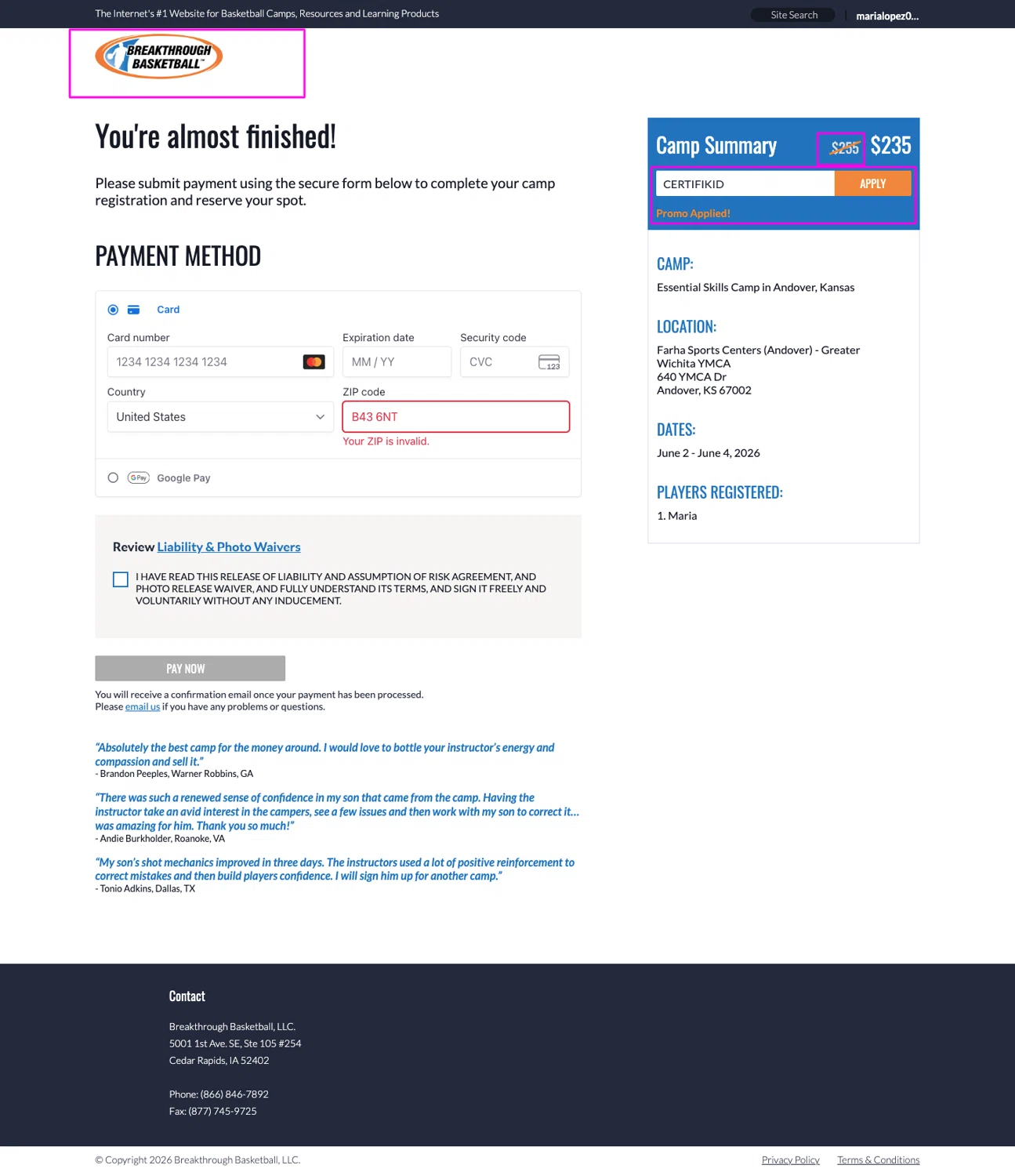 Breakthrough Basketball promo code screenshot showing code CERTIFIKID applied at Breakthrough Basketball checkout page. Uploaded by SimplyCodes community member mrdarcy on May 10, 2026