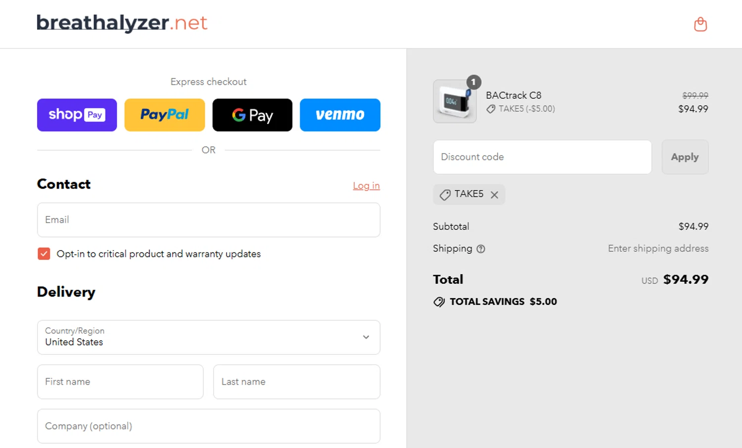 Breathalyzer.net promo code screenshot showing code TAKE5 applied at Breathalyzer.net checkout page. Uploaded by SimplyCodes community member PrimeBoss695 on Jul 27, 2025