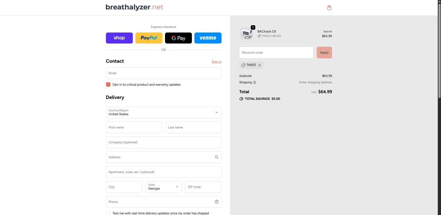 Breathalyzer.net promo code screenshot showing code TAKE5 applied at Breathalyzer.net checkout page. Uploaded by SimplyCodes community member TreasureChaser3010 on Oct 7, 2025