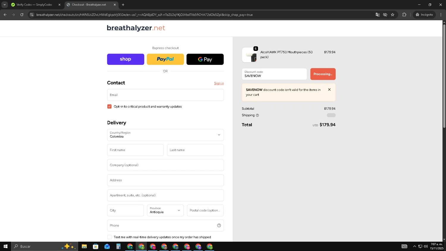 Breathalyzer.net promo code screenshot showing code SAVENOW applied at Breathalyzer.net checkout page. Uploaded by SimplyCodes community member SUZUKIV on Nov 15, 2025