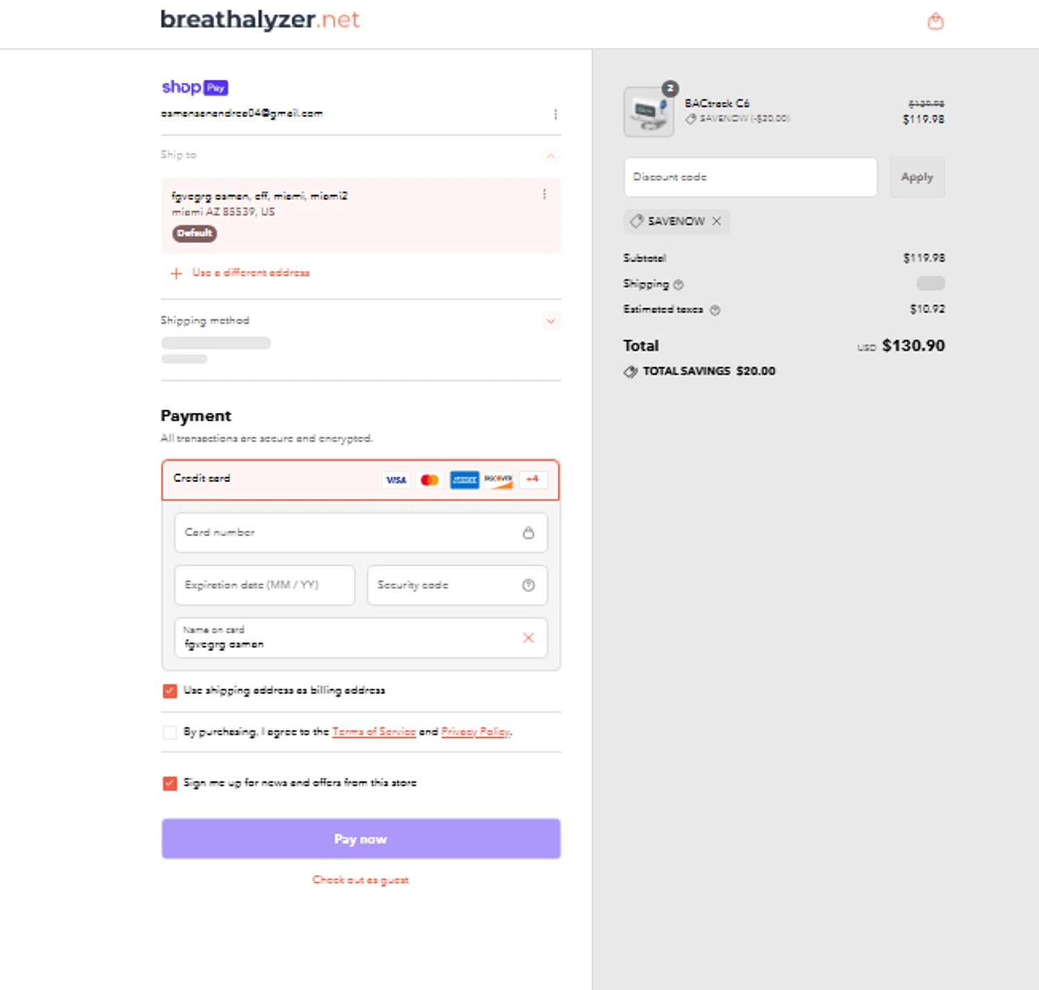 Breathalyzer.net promo code screenshot showing code SAVENOW applied at Breathalyzer.net checkout page. Uploaded by SimplyCodes community member Tortugasninja on Jul 19, 2025