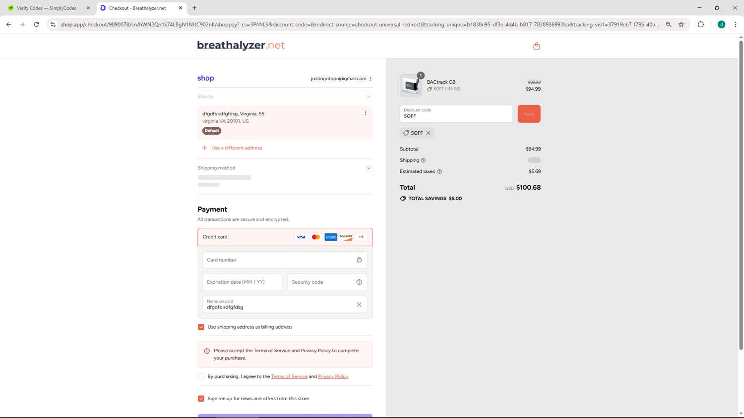 Breathalyzer.net promo code screenshot showing code 5OFF applied at Breathalyzer.net checkout page. Uploaded by SimplyCodes community member HEROESCUDA on Aug 31, 2025