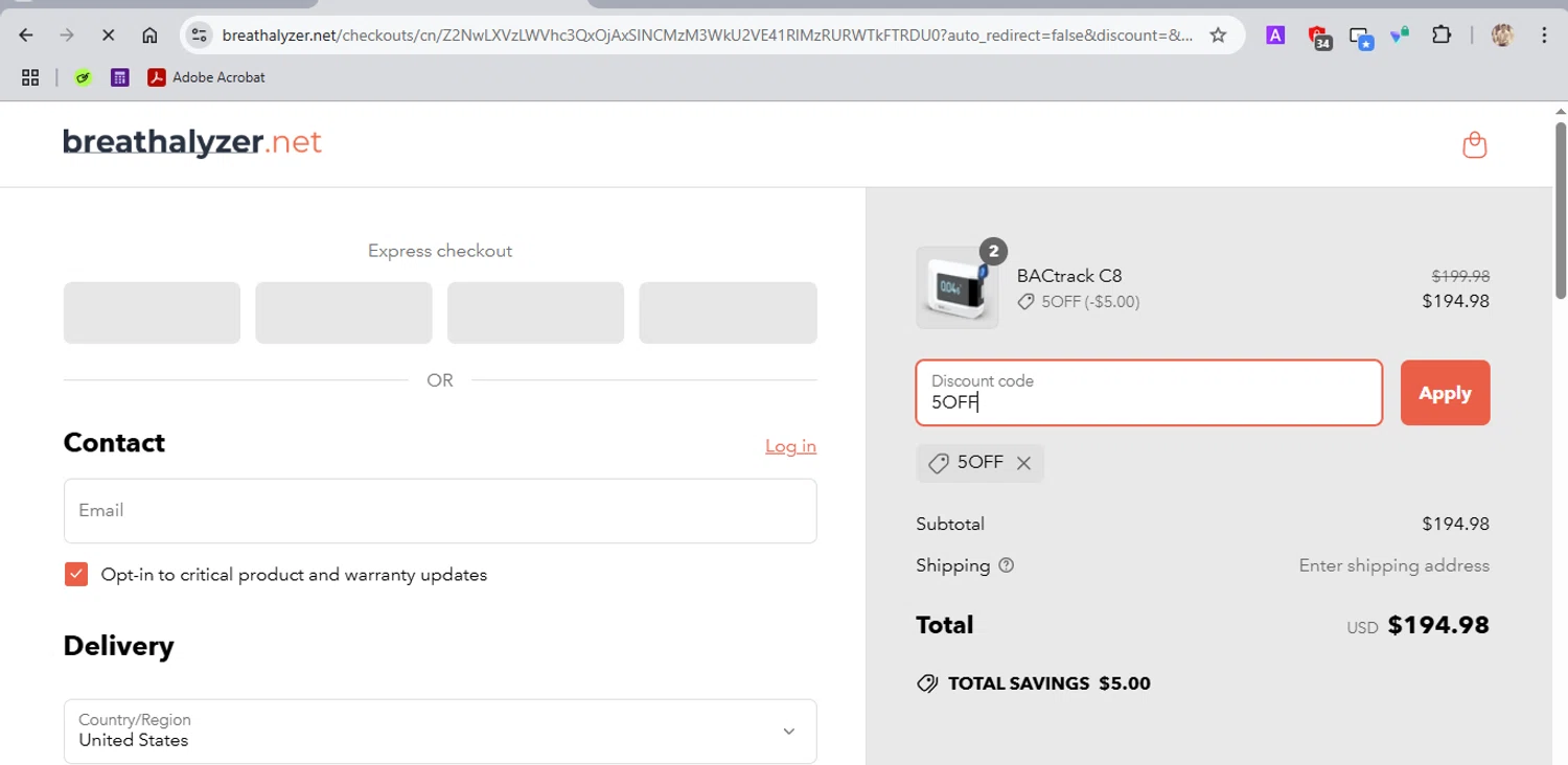 Breathalyzer.net promo code screenshot showing code 5OFF applied at Breathalyzer.net checkout page. Uploaded by SimplyCodes community member ROCKSORD_2 on Apr 21, 2025