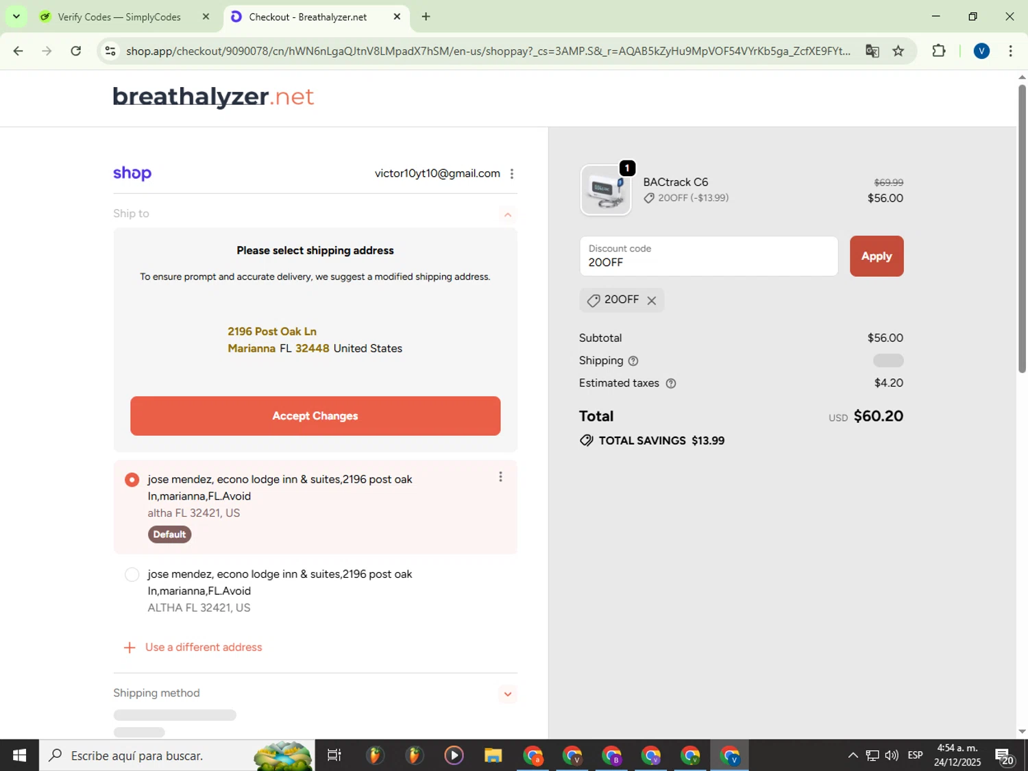 Breathalyzer.net promo code screenshot showing code 20OFF applied at Breathalyzer.net checkout page. Uploaded by SimplyCodes community member Garou_Y2K on Dec 24, 2025