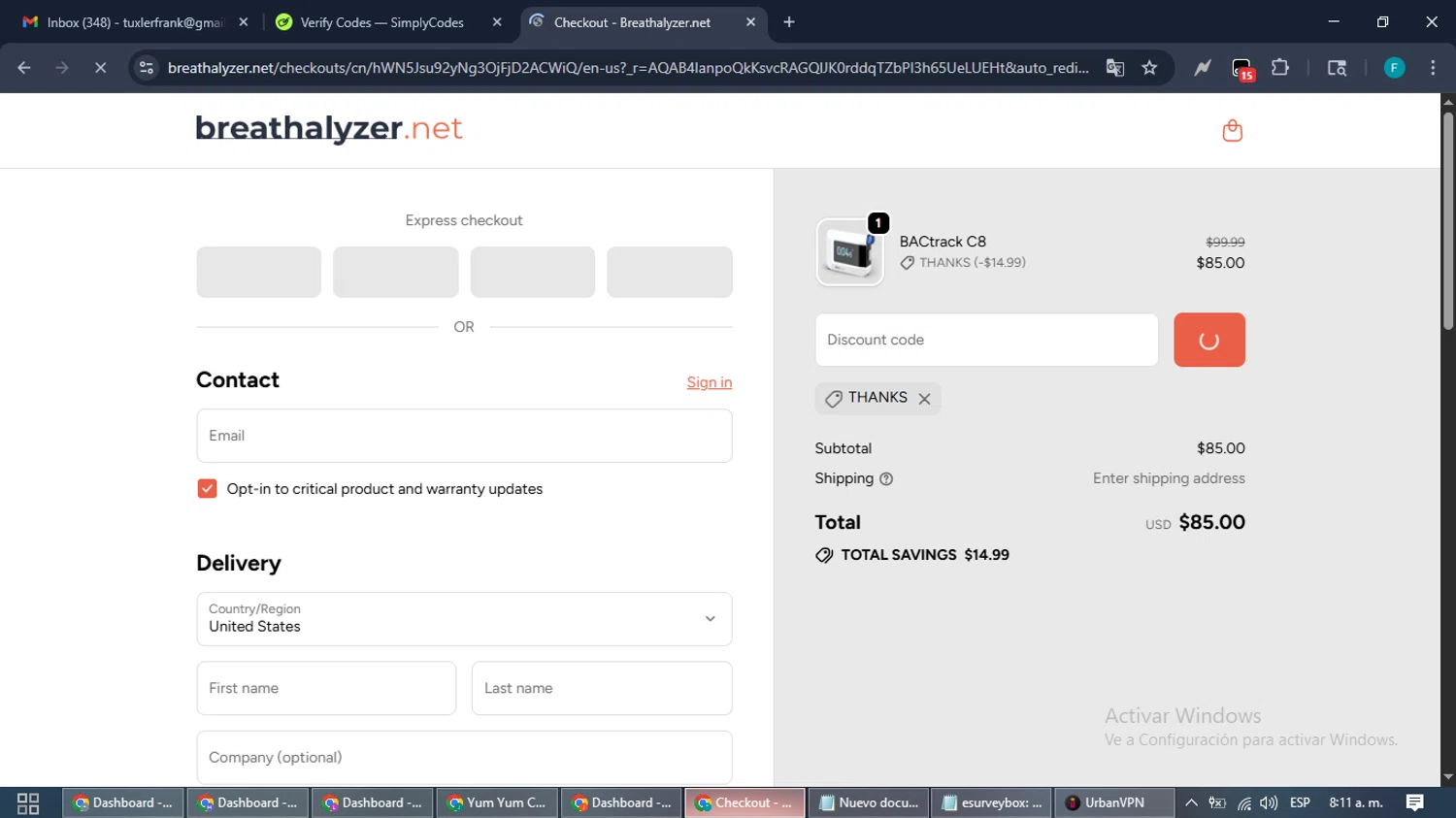 Breathalyzer.net promo code screenshot showing code THANKS applied at Breathalyzer.net checkout page. Uploaded by SimplyCodes community member ShrewdTitan3233 on Nov 15, 2025