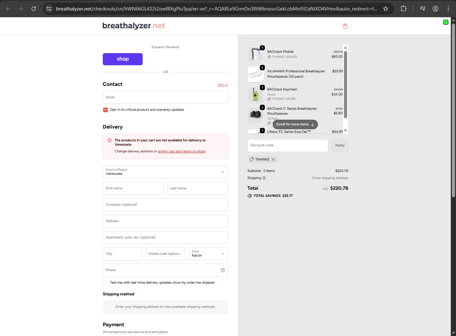 Breathalyzer.net promo code screenshot showing code THANKS applied at Breathalyzer.net checkout page. Uploaded by SimplyCodes community member gokuyvegetta on Dec 6, 2025