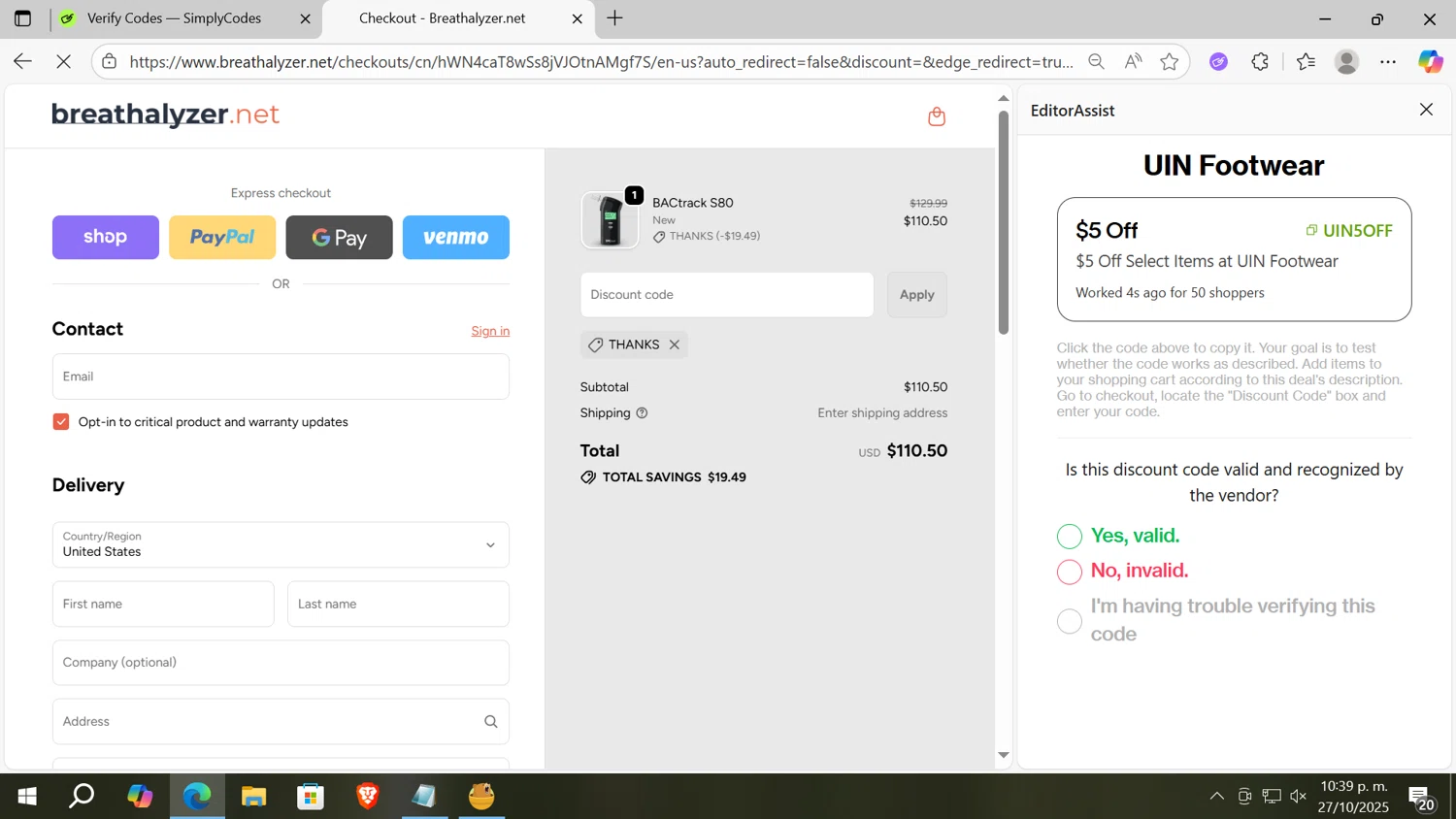 Breathalyzer.net promo code screenshot showing code THANKS applied at Breathalyzer.net checkout page. Uploaded by SimplyCodes community member vergil_lains on Oct 28, 2025