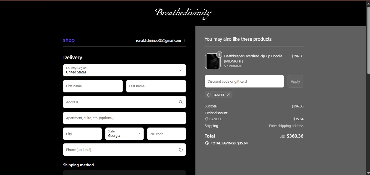 Breathedivinity checkout page showing Breathedivinity promo code box | Screenshot taken by SimplyCodes community member on Jan 28, 2026