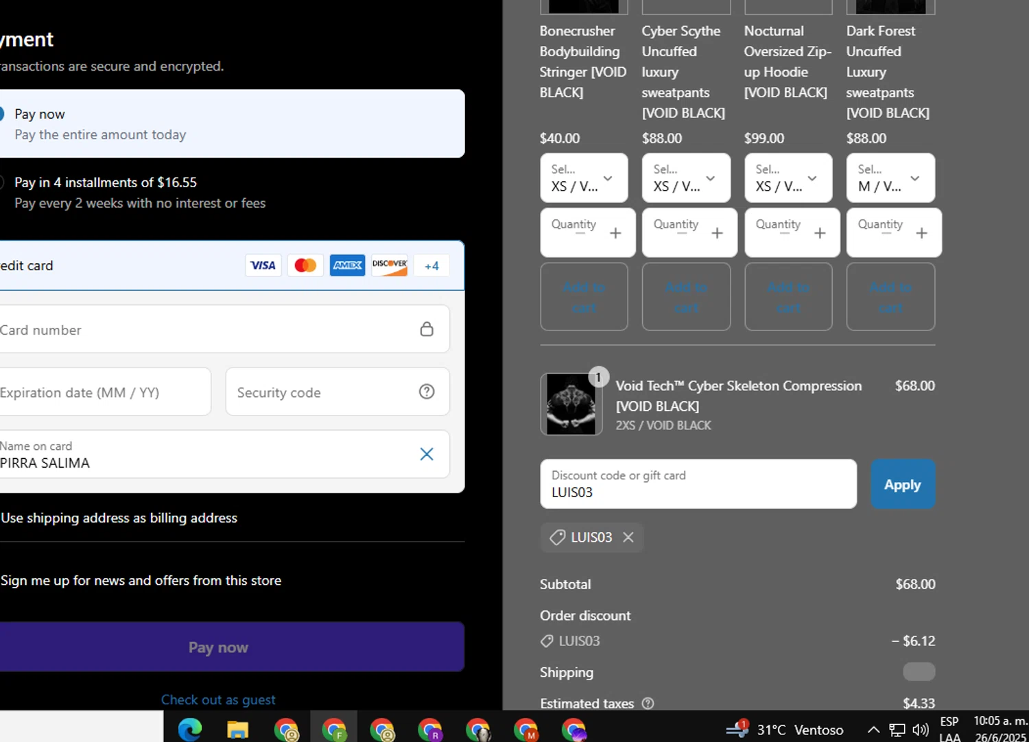 Breathedivinity promo code screenshot showing code LUIS03 applied at Breathedivinity checkout page. Uploaded by SimplyCodes community member Fish3r on Jun 26, 2025