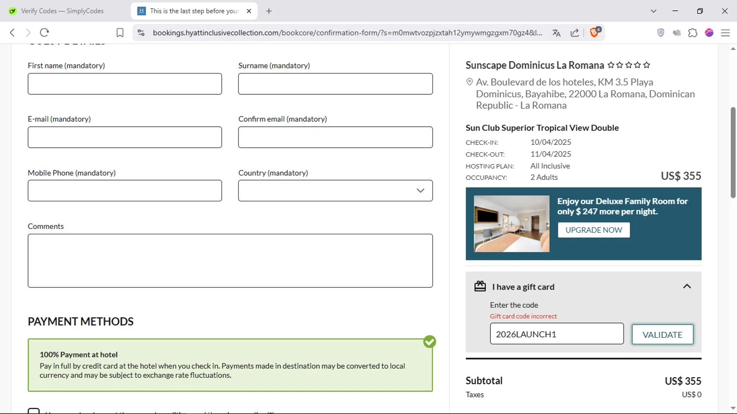Breathless Resorts & Spas promo code screenshot showing code 2026LAUNCH1 applied at Breathless Resorts & Spas checkout page. Uploaded by SimplyCodes community member Samira on Apr 4, 2025