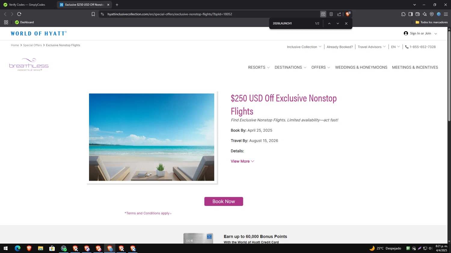 Breathless Resorts & Spas promo code screenshot showing code 2026LAUNCH1 applied at Breathless Resorts & Spas checkout page. Uploaded by SimplyCodes community member MagnificentAce6663 on Apr 5, 2025