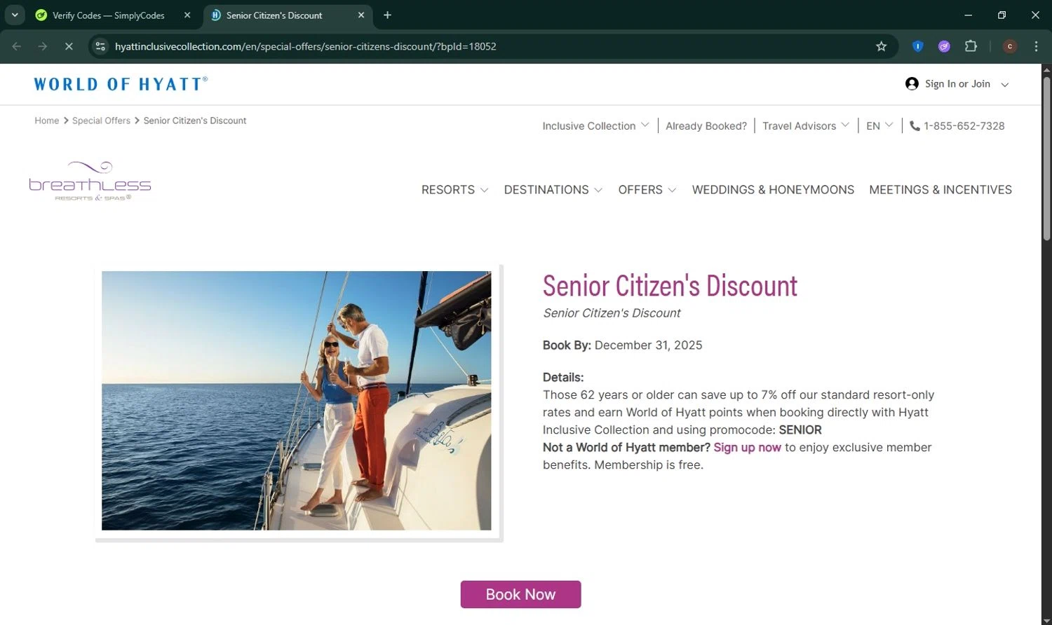 Breathless Resorts & Spas checkout page showing Breathless Resorts & Spas promo code box | Screenshot taken by SimplyCodes community member on Jul 23, 2025
