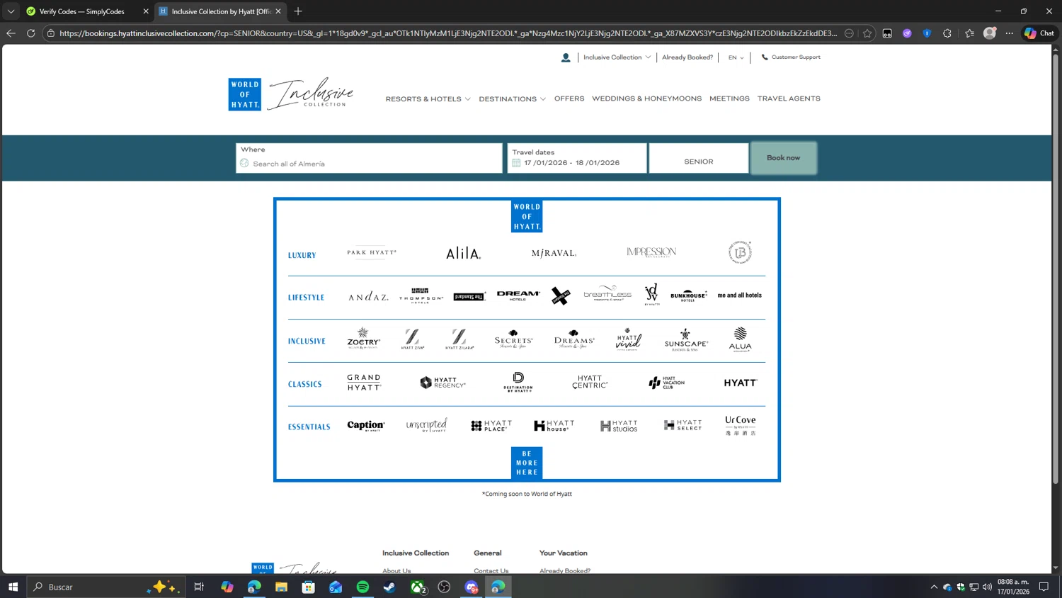 Breathless Resorts & Spas promo code screenshot showing code SENIOR applied at Breathless Resorts & Spas checkout page. Uploaded by SimplyCodes community member fghfgefds2 on Jan 17, 2026