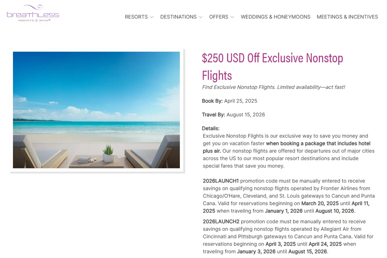 Breathless Resorts & Spas promo code screenshot showing code 2026LAUNCH2 applied at Breathless Resorts & Spas checkout page. Uploaded by SimplyCodes community member Dejadepicharme on Apr 25, 2025