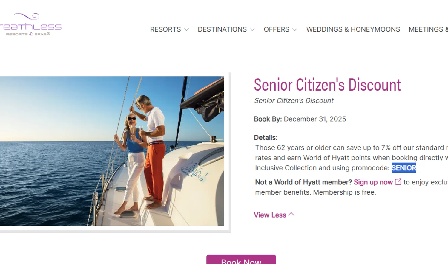 Breathless Resorts & Spas promo code screenshot showing code SENIOR applied at Breathless Resorts & Spas checkout page. Uploaded by SimplyCodes community member Dejadepicharme on Oct 22, 2025