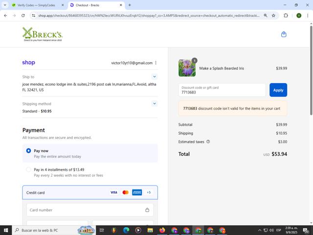 Breck's checkout page showing Breck's coupon code box | Screenshot taken by SimplyCodes community member on Sep 9, 2025
