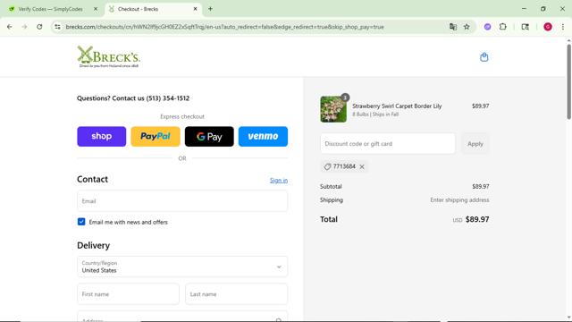 Breck's checkout page showing Breck's coupon code box | Screenshot taken by SimplyCodes community member on Sep 9, 2025