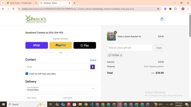 Breck's checkout page showing Breck's coupon code box | Screenshot taken by SimplyCodes community member on Sep 9, 2025
