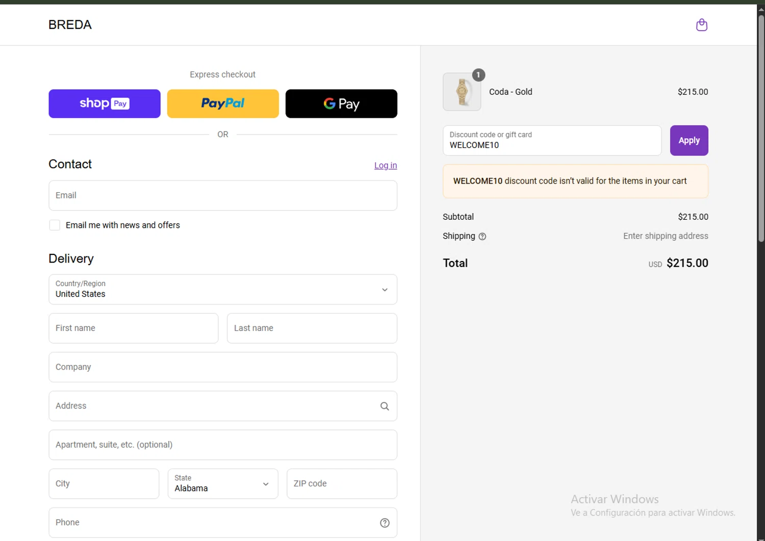 BREDA discount code screenshot showing code WELCOME10 applied at BREDA checkout page. Uploaded by SimplyCodes community member RoyalVirtuoso4479 on May 28, 2025