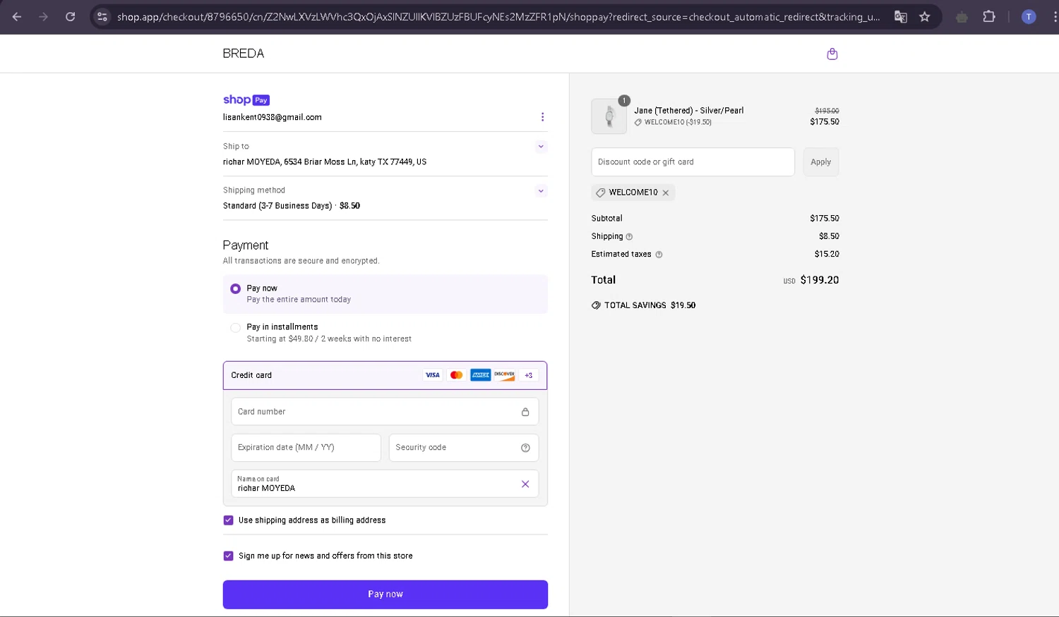 BREDA discount code screenshot showing code WELCOME10 applied at BREDA checkout page. Uploaded by SimplyCodes community member TRIBUENO on Apr 28, 2025
