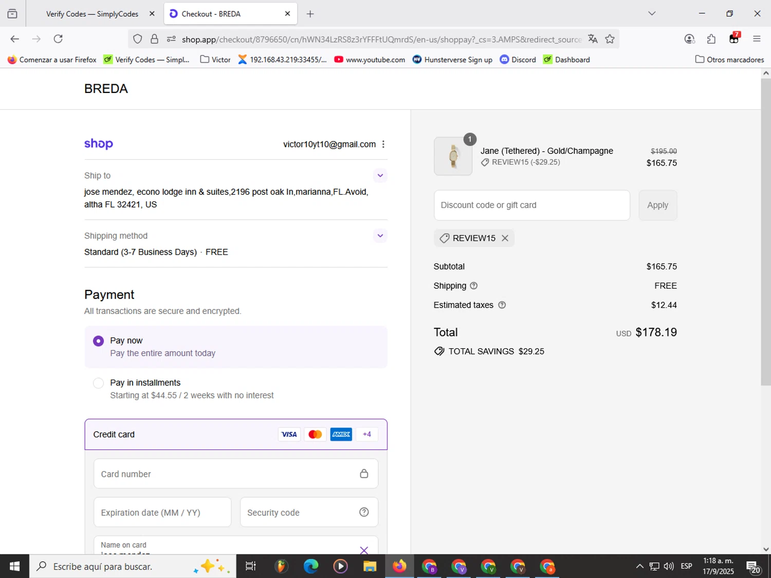 BREDA discount code screenshot showing code REVIEW15 applied at BREDA checkout page. Uploaded by SimplyCodes community member Garou_Y2K on Sep 17, 2025