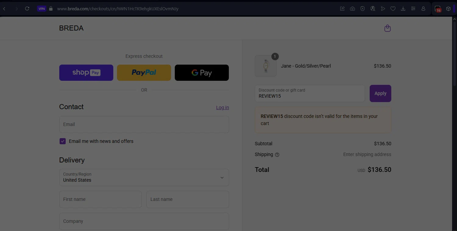BREDA discount code screenshot showing code REVIEW15 applied at BREDA checkout page. Uploaded by SimplyCodes community member LukaModric on Aug 1, 2025