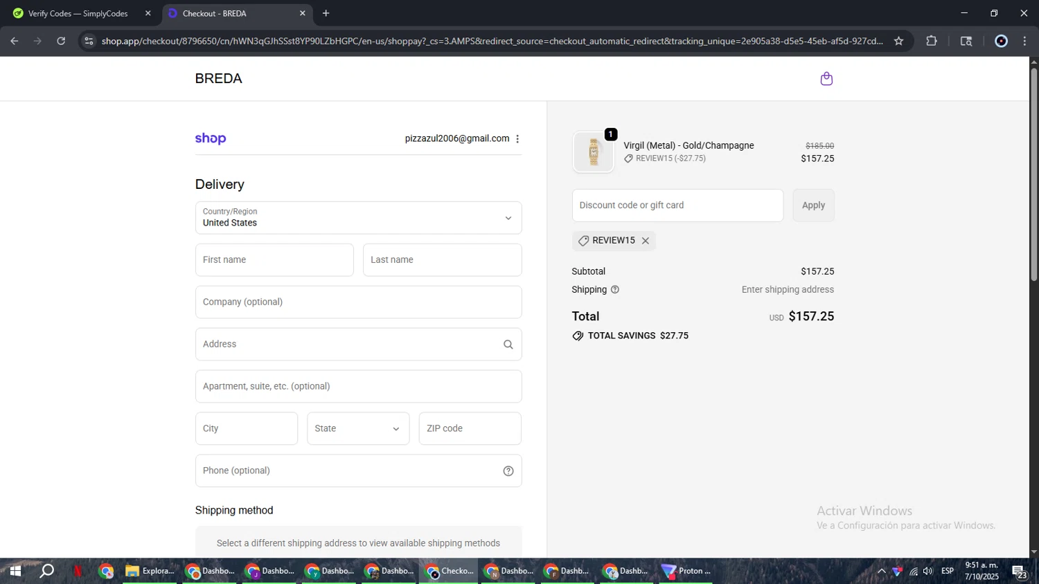 BREDA discount code screenshot showing code REVIEW15 applied at BREDA checkout page. Uploaded by SimplyCodes community member RoyalBoss4384 on Oct 7, 2025