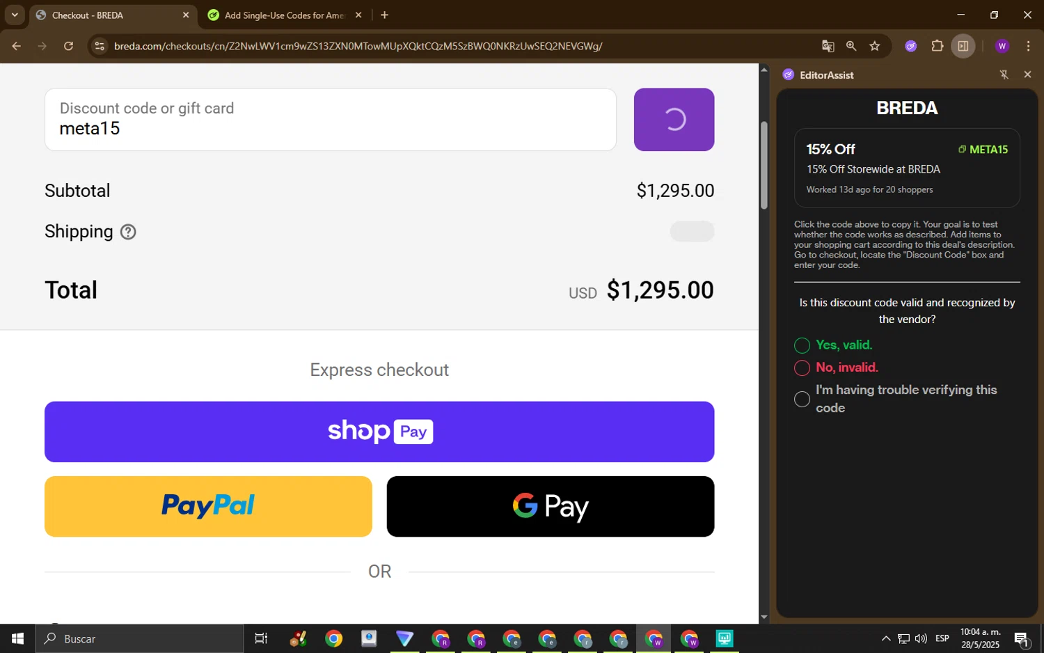 BREDA discount code screenshot showing code meta15 applied at BREDA checkout page. Uploaded by SimplyCodes community member ExtraordinaryGuardian7753 on May 28, 2025