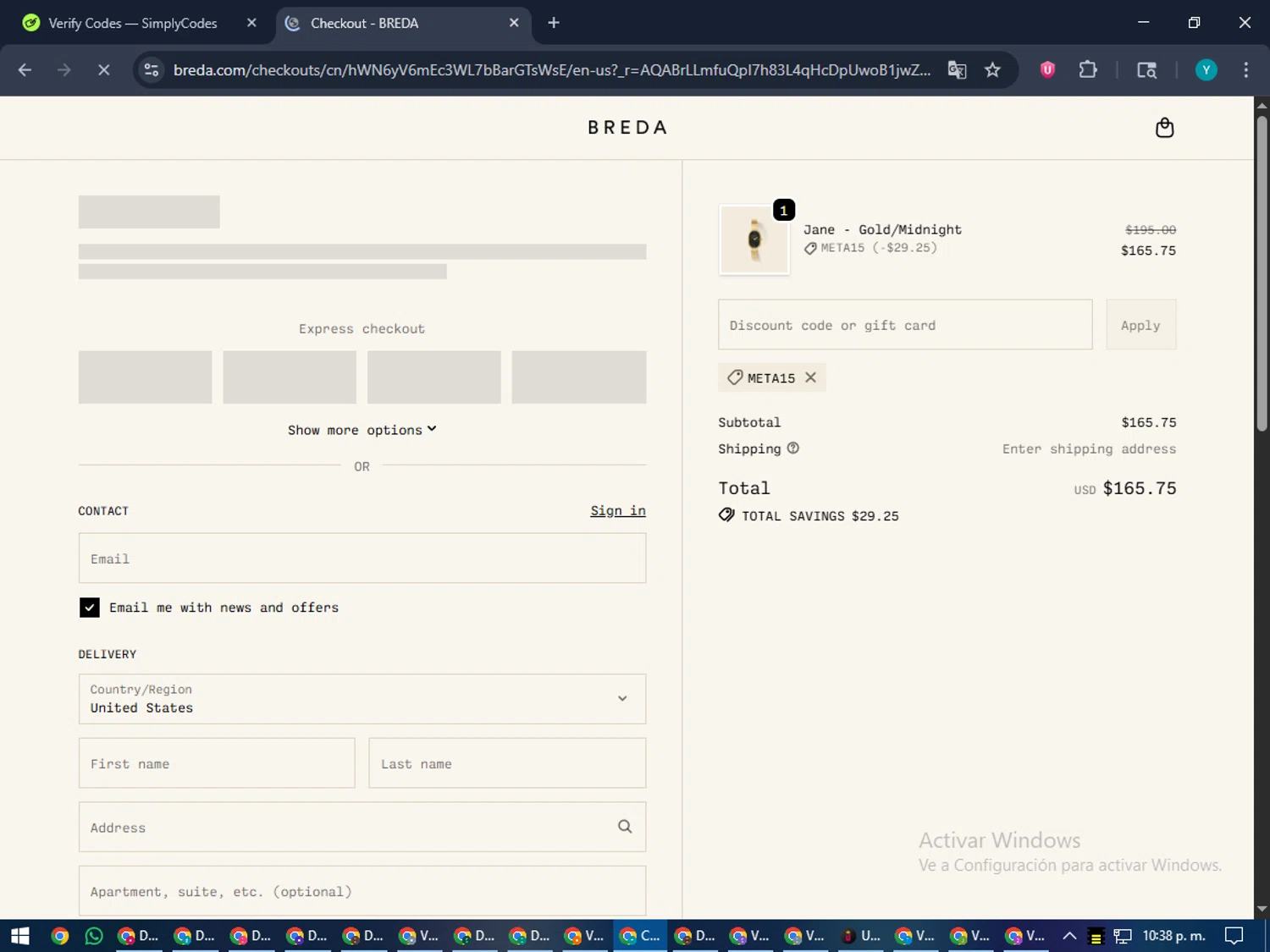 BREDA discount code screenshot showing code meta15 applied at BREDA checkout page. Uploaded by SimplyCodes community member RoyalEagle4794 on Dec 29, 2025
