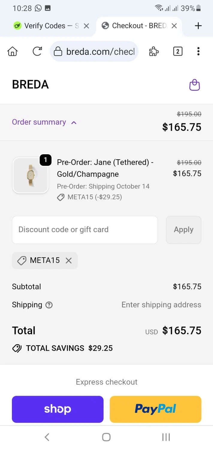 BREDA discount code screenshot showing code meta15 applied at BREDA checkout page. Uploaded by SimplyCodes community member menotychire on Sep 25, 2025
